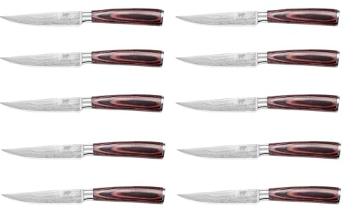 BEEFSTONE Set med 10 stekknivar, professionella kockknivar, ergonomiskt trähandtag, tandad klinga, knivset för kök och steak