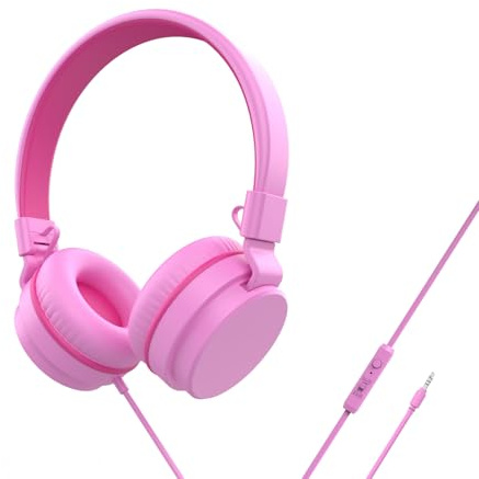 Barnhörlurar, on-ear trådbundna hörlurar för skolan, säker volym begränsad 85/94 dB, HD mikrofon stereoljud flickor pojkar trådbundna hörlurar för barn, hopfällbart headset för resor dator flygplan