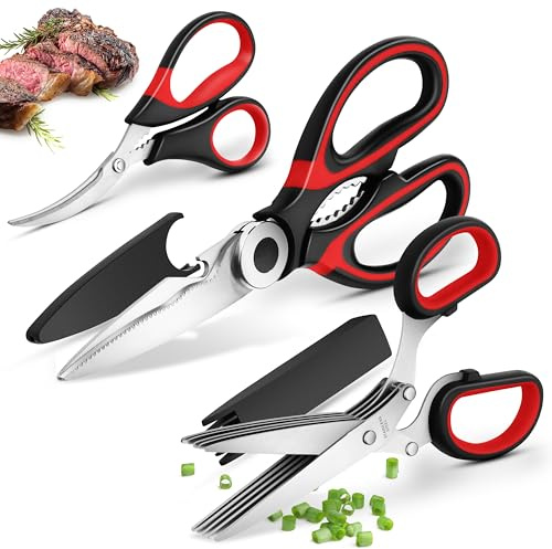 Tijeras de Cocina: Tijeras Para Aves, Tijeras Para Hierbas, Acero Inoxidable Afilado, Con Tapa Protectora, Multifuncionales Para Pollo, Carne, Pescado, Verduras, Especias, Perejil, 3 Pcs