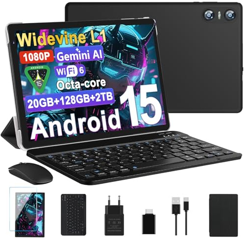 2026 Dernier Tablette 10 Pouces Android 15 avec Gemini AI, 20GO RAM + 128Go ROM, Octa-Core, 5G WiFi 6, Widevine L1, GMS, GPS, BT 5.0, 6000mAh, 5MP+8MP, Tablette avec Clavier+Souris et Cas - Noir