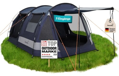 Skandika Tunnelzelt Kambo 4 Sleeper Protect | Zelt für 4 Personen, schwarze Schlafkabine, eingenähter Zeltboden, wasserdicht 3000 mm Wassersäule, 3 Eingänge, Sonnendach, Campingzelt, Festival, Outdoor