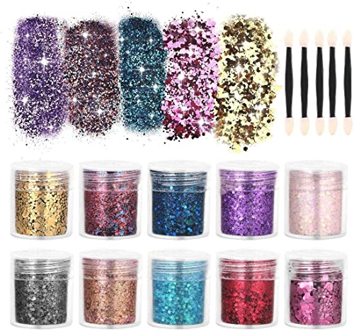 DazSpirit 10 Couleurs Paillettes Visage, Festival Accessoires Paillettes Maquillage Femme pour Corps, Cheveux, Visage, Ongles, Paillette Visage Festival pour Nail art, Carnaval, Fête, Noël