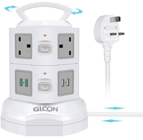 Retractable Tower Extension Lead with 4 USB Slots (5V/3.1A), GLCON 6 Way Multi Plug Extension Sockets with 3M Extension Cable, plug tower power tower with Switches for Home Office