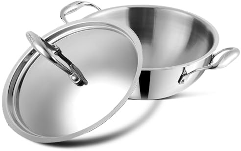 Vinod Platinum Extra Deep Stainless Steel Tri Ply Kadai Wok Saucepan Induction Friendly with Stainless Steel Lid (20 cm.Diameter-1.5 LTR.)