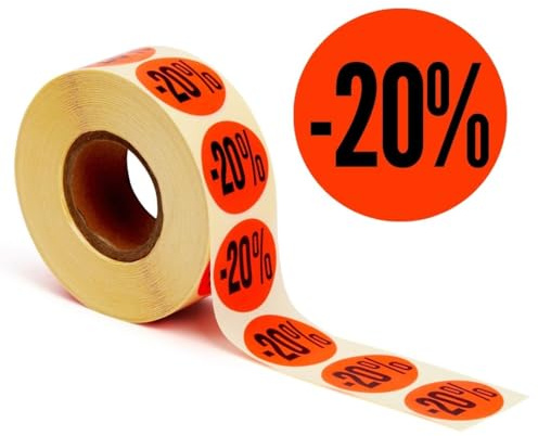 POKORNYS – Aktionsetiketten “-20%” I Etiketten für reduzierte Ware I 1.000 selbstklebende Rabattaufkleber in leuchtendem Rot I permanent haftende, runde Klebeetiketten mit Ø 32mm