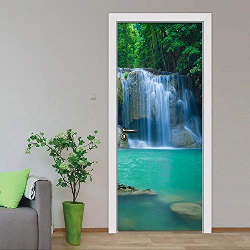 SDALD Sticker Porte Effet 3D - Autocollant De Porte Trompe L'Oeil - 77X200cm - Paysage De Cascade De Forêt Verte Papier Peint - Auto-Adhésif Stickers Muraux -Chambre Salon Cuisine Poster De Porte Déco