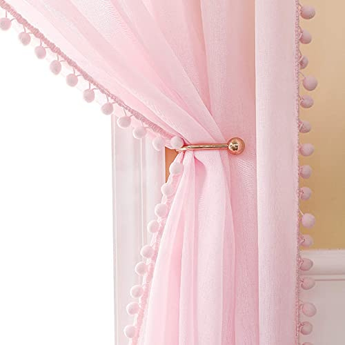 MIULEE Voile Gardine Pompons Ösen transparent 2er Set B140 H160 Rosa | Luftige transparente Voile-Gardine mit Pompons, kinderfreundliches Design, dekorativ für, Schlafzimmer und Wohnzimmer