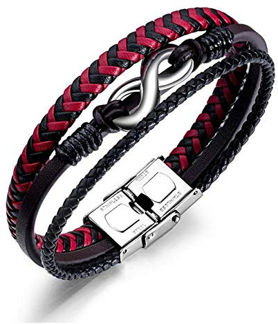 ATEIELLI Bracciale Uomo in PU Pelle Infinito Acciaio Inossidabile 21cm Regolabile Rosso
