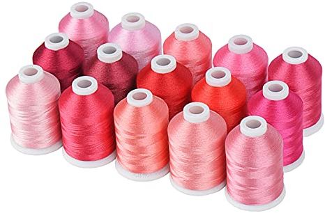 Simthread Stickgarn Blue Series Polyester Mehrzweck Overlockgarn 15 Spulen Set, jede Spule Nähgarn 40WT und 1100YD für Stickerei Nähmaschine (15 Spulen Pink Serie)
