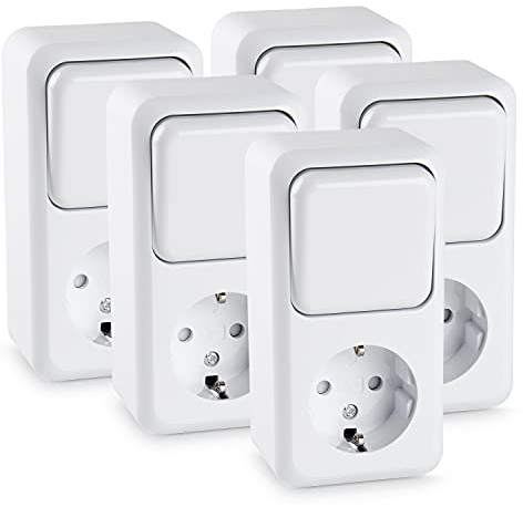 HEITECH Aufputz Wechselschalter & Schutzkontaktsteckdose Kombination - Neues Modell - 5x Schutzkontakt Steckdose & Lichtschalter AP für innen - Schuko Steckdose 250V 16A IP20