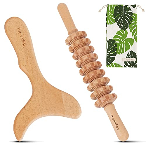Thermikoa Massage Holz Maderotherapie Set mit Faszienrolle Holz und Paddel für Lymphdrainage, Anti Cellulite Massagegerät, Massage Set für Rücken, Bauch, Beine, Massageroller mit Griff und Gua sha
