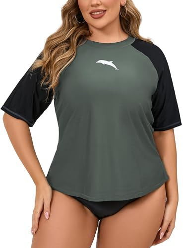 Halcurt Women's Plus Size Rash Guard Short Sleeve Swim Shirts Loose Fit UPF50+ Sun Protection Swimsuit Top Only Grey 4X