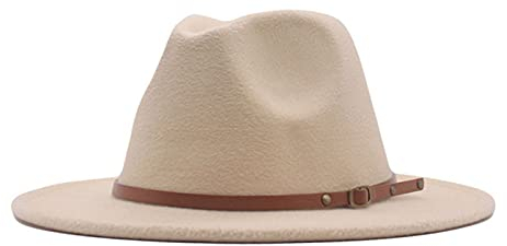 LIANGFANG Damen Fedora Hut Breite Krempe Floppy Wollfilz Filzhut Lederband Womens Classic Wide Brim Floppy Panama Hat Belt Buckle Wool Fedora Hat, Beige, Einheitsgröße, AAC01