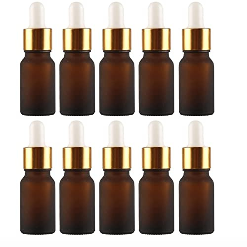 JamHooDirect 10Pcs, 10ml Glass Dropper Bottles with Dropper Pipettes, Mini Empty Dropper Bottles for Essential Massage oils/Chemical Liquid (amber frosted clear/gold cap)