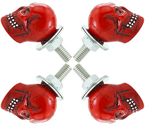 Temzzer Number Plate Screws Skull License Frame Fixings Trim Anti Theft Accessories Bolts for Most Motorcycle Car Plate, Red (4PCS)