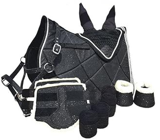 German Riding Perfect Match Schabracke Set Hufglocken Halfter Fliegenhaube Bandagen Gamaschen Glitzer Shetty Pony Cob Full (WB) (Full, Schwarz)