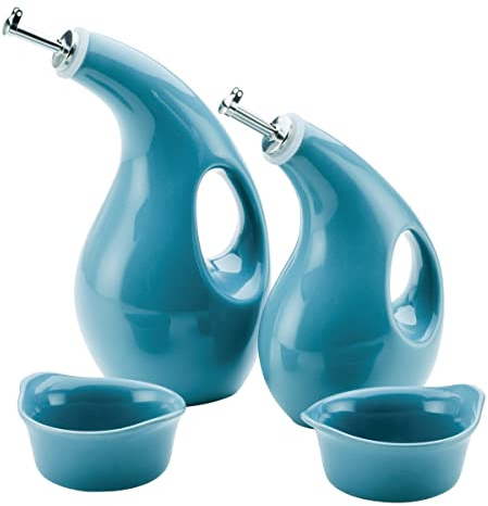 Rachael Ray Serveware Ceramics EVOO and Ramekin Dipper Set, 4 Piece, Agave Blue