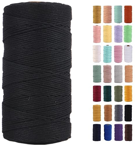MAOQIAN Schwarze Makramee-Schnur, 2 mm x 220 m, farbiges Baumwollseil, Bunte Baumwollschnur, weiche Bastelschnur für Wandbehang, Pflanzenaufhänger, Basteln, dekorative Projekte
