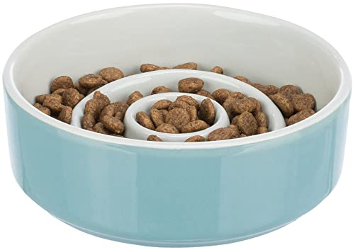 TRIXIE Slow Feeding Napf, Anti Schling Napf Für Hunde, Keramik, 0,9 L/Ø 17 cm, Grau/Blau - 24521