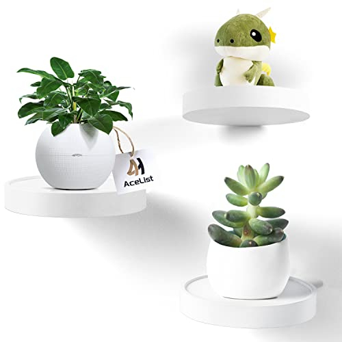 AceList Wandregal Holz - Schweberegal Wandregal Rund - Regale Wandablagen -Deko Regal-Pflanzenregal Holzregal - Wandboard Hängeregal - 3er Set -Weiß(Durchmesser Ø15cm)