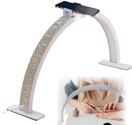 Luz LED de media luna, lámpara de mesa LED de media luna de 29 pulgadas con soporte for teléfono, lámpara de escritorio de uñas de media luna con brillo ajustable, luz de pestañas de media luna LED de