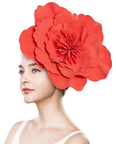 Fascinator mit Blume, große Blumenhüte für Damen, Blumen-Fascinator Schwarz für Damen, großes Blumen-Stirnband, Kostüm, Kopfbedeckung, Stirnband, große Blumen-Haarbänder (Rot)