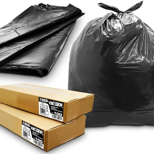 200 Pack | 2 Full Flat Packed Boxes | RE-GEN 150L 20kg Load Heavy Duty Premium Black Compactor Sacks Bin Liners Refuse, Factory & Commercial Use, Industrial Strength Black Bags 508/889 x 1143mm
