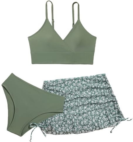 Momkonzz Girls Swimming Costume Kids Swimsuits Bikini Set 3 Piece Bathing Suits Teen Flower Bikini Strap Set with Skirt Cover Up Surfing Beach Swimwear Green 9-10 Years