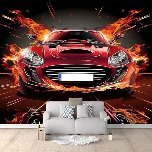 3D Papier Peint Panoramique Tapisserie Intissé Murales Voiture De Sport Rouge Flamboyant 200x140 cm, Papier Peint Enfant pour Salon Chambre Décoration Murale, Papier Peint Chambre Enfant