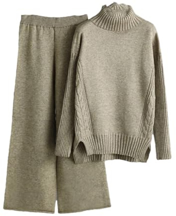 Tuta da donna lavorata a maglia in cashmere caldo maglione a collo alto pantaloni harem 2 pezzi abiti caldi, cachi, Taglia unica