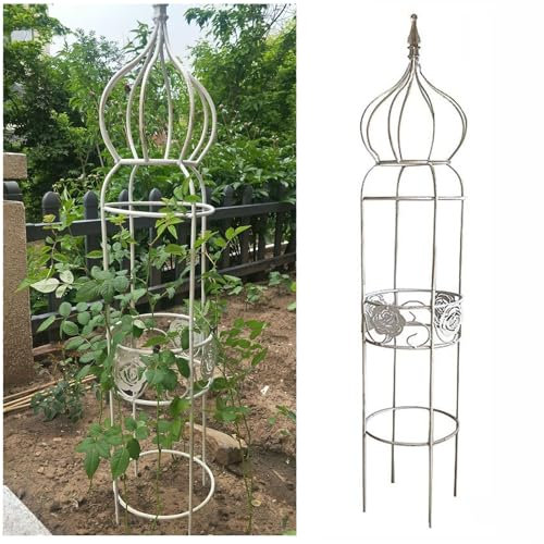 Obélisque de jardin en treillis de rose blanche pour plantes grimpantes et fleurs en pot 120 cm de haut