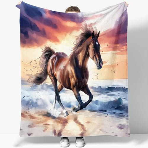 Kuscheldecke Aquarell Tiere Pferde Motiv Fleecedecke Für Mädchen Jungen 130 x 150 cm Weiche Kuscheldecken Nickerchen-Decken Bunt Druck Sherpa Warm Decken Dekorative