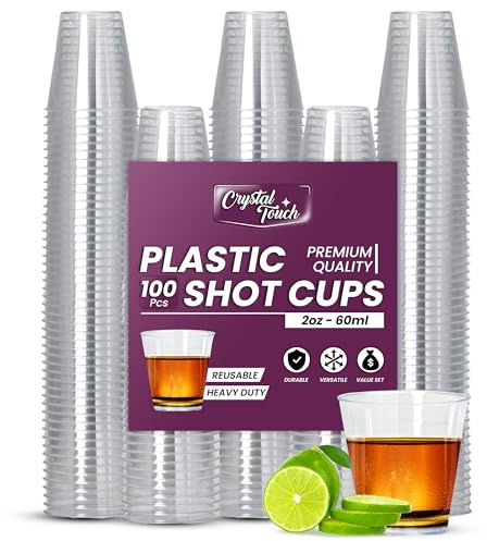 Crystal Touch Disposable Plastic Shot Glass Set for Events, 2oz Pack of 100 | Crystal clear durable dessert and tasting cups | Great choice for a birthday, wedding, festive gathering or anniversary party