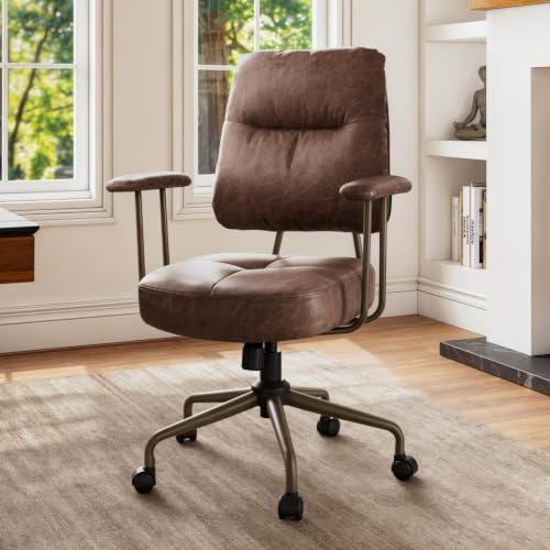 EUREKA ERGONOMIC Mid Century Vintage Bürostuhl, Kunstwildleder Schreibtischstuhl für Zuhause, Computerstuhl mit Armlehnen, Drehbarer Exekutivstuhl für Büro/Wohnzimmer/Schlafzimmer (Braun)