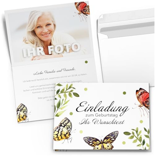 10 personalisierte Einladungskarten zum Geburtstag – Klappkarten Set mit Umschlag – Individuelle Einladung Wunschtext und Foto Geburtstags-Feier Schmetterlinge bunt