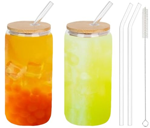 Aliangting 2-Pack 500ml Can-Shaped Glass Cups with Bamboo Lids & Glass Straws – Reusable Tumblers for Smoothies, Beer, Iced Coffee, Cocktails, Soda and More, Clear & Eco-Friendly Drinking Set