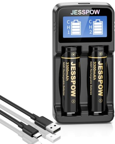 Piles Rechargeables Ni-MH avec Chargeur，3300 mAh Batterie à Dessus Plat Haute Capacité pour Lampes de Poche, Lampe Fronta (Lot De 2)