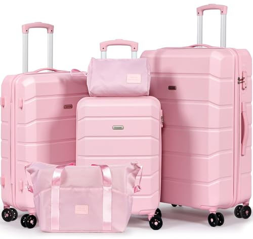 H.yeed Luggage Sets of 5 Piece, Lightweight Trolley Travel Suitcase Set ABS Hard Shell with 4 Spinner Wheels TSA Lock for Man Women, 21 + 24 + 28+ Duffels Bag & Toiletry Bag (Pink, 5 Piece Set)