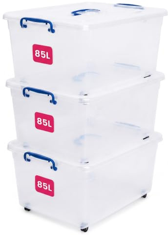STL 3 x 85L Storage Boxes with Lids and 4 Wheels, Clip-Lock Lid, Stackable Clear Plastic Storage Containers with Lid for Home, Kitchen, Moving, Garage & Office (Set of 3)