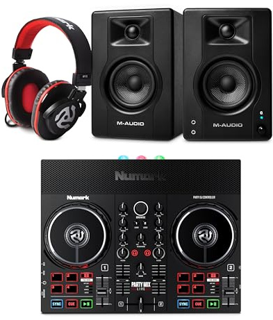 Numark Party Mix Live DJ Controller and M-AUDIO BX3 Pair Bluetooth Studio Monitors with Headphones for Studio Recording, Music Production, Podcasting, Streaming