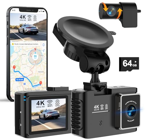 Dashcam Auto Vorne Hinten 4K/2.5K, 5GHz WiFi Dash Cam mit GPS, 2.0 IPS, 170°Weitwinkel, Dual Auto Kamera mit 24Std Parküberwachung, Super Nachtsicht, WDR, G-Sensor, Loop-Aufnahme, 64GB SD Karte
