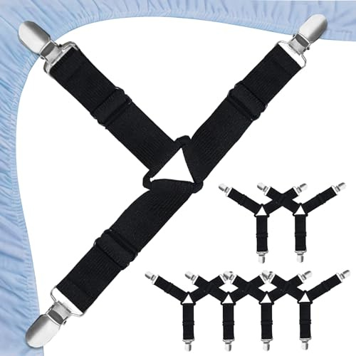 Solinorex tendeurs de draps de Lit 6 Pièces, Tendeur Réglable Élastique avec Pinces Métal, Fixation Triangle pour Drap Housse, Matelas, Canapé, Table à Repasser - Noir