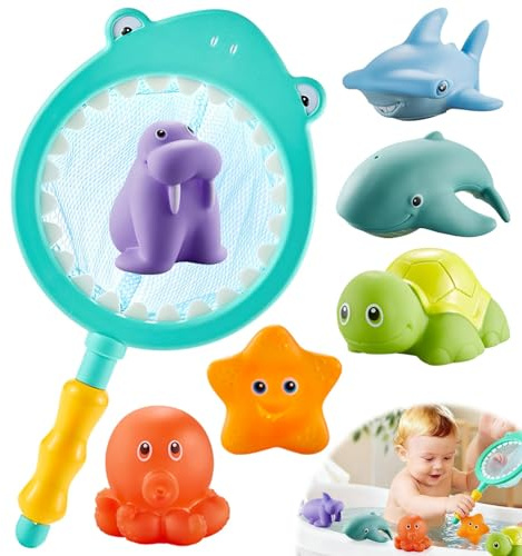Jouet Bain Bébé, Jouets de Bain avec Filet Requin Bleu-Vert et 6 Animaux, Marins Flottants Étanches Colorés pour Enfants 1-4 Ans, Jeux Éducatifs et Amusants pour Baignoire et Piscine