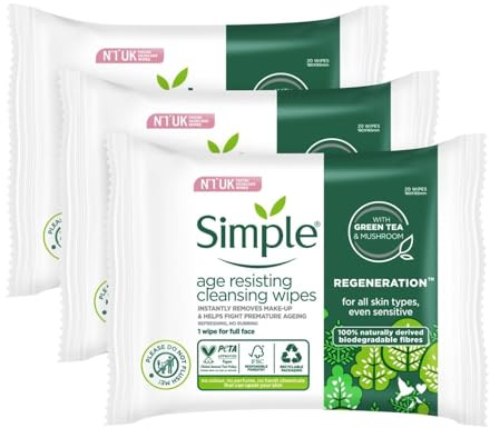 Simple Regeneration Age-Resisting Cleansing Wipes, Green Tea, 3 Pack