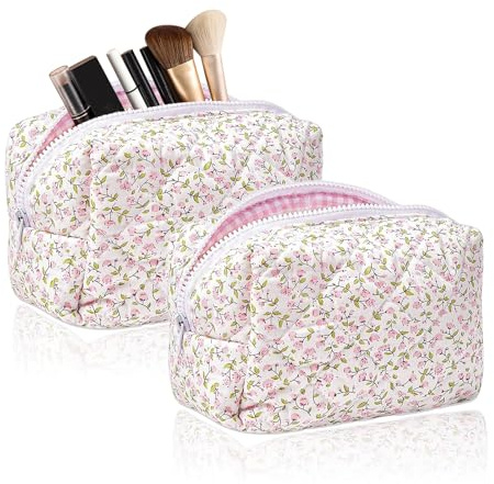 lioewhu 2 Stück Gesteppte Kosmetiktaschen mit Blumenmuster, Weiche Waschbare Toilettentasche aus Baumwolle, Tragbare Reise-Make-up-Tasche mit Reißverschluss für Reise, Gym, Aufbewahrung (Rosa)