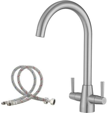 Haiba Kitchen Tap Mixer for Kitchen Sink Monobloc Tap Dual Lever 360 Swivel Brushed Nickel Kitchen Sink Taps UK Standard 1 Hole Deck Mount with 20 Inch Flexi Tails