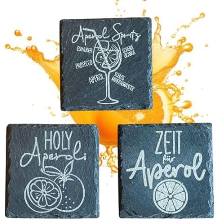 Handgefertigte Schieferuntersetzer Set, 3 Stück, Naturschiefer Cocktail Untersetzer mit Aperol Spritz Design, rutschfeste Bar Accessoires für Sommerpartys, Geschenkidee