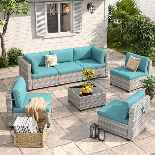 MAISON BACKYARDS 6-Seat Modular Patio Furniture Set – Outdoor Wicker Sectional Sofa with Thick 4″ Cushions, Dual-Strand PE Rattan, Rust-Resistant 18 mm Steel Frame, Backyard Garden Deck Lounge,Blue