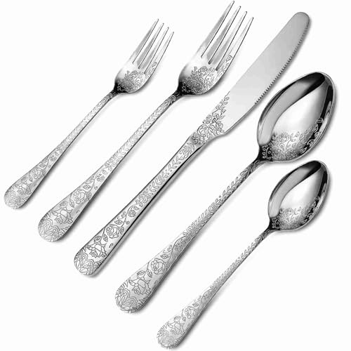 20tlg Edelstahl Besteckset Spülmaschinenfest für 4 Personen | Gabel Löffel Messer Set, Vintage Geschnitztes Blumenmuster, Hochglanzpoliert Besteck, Vintage-Besteckset Set