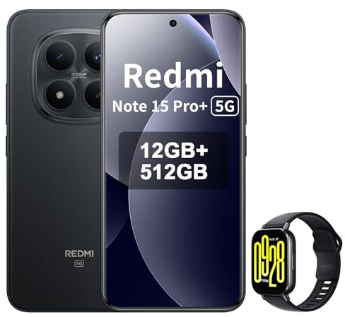 XIAOMI REDMI Note 15 Pro+ 5G Smartphone - 12+512GB, 6.83 AMOLED Display, 1.5K AMOLED Screen, Snapdragon 7s Gen 4, 200MP Camera, Negro, Included Smart Watch